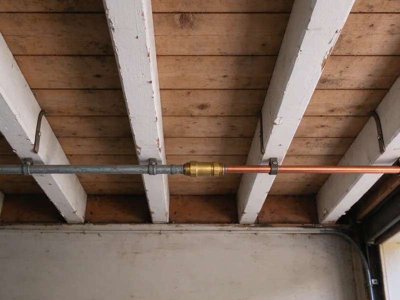 Brass transition fitting between old galvanized pipe and new copper on a garage ceiling