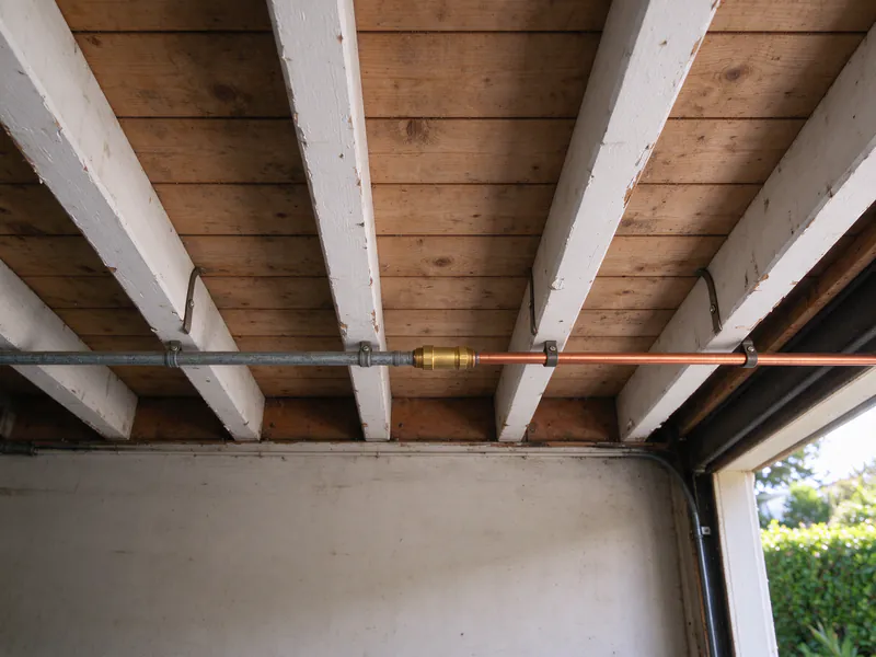 Brass union joining old galvanized pipe to new copper across garage ceiling joists