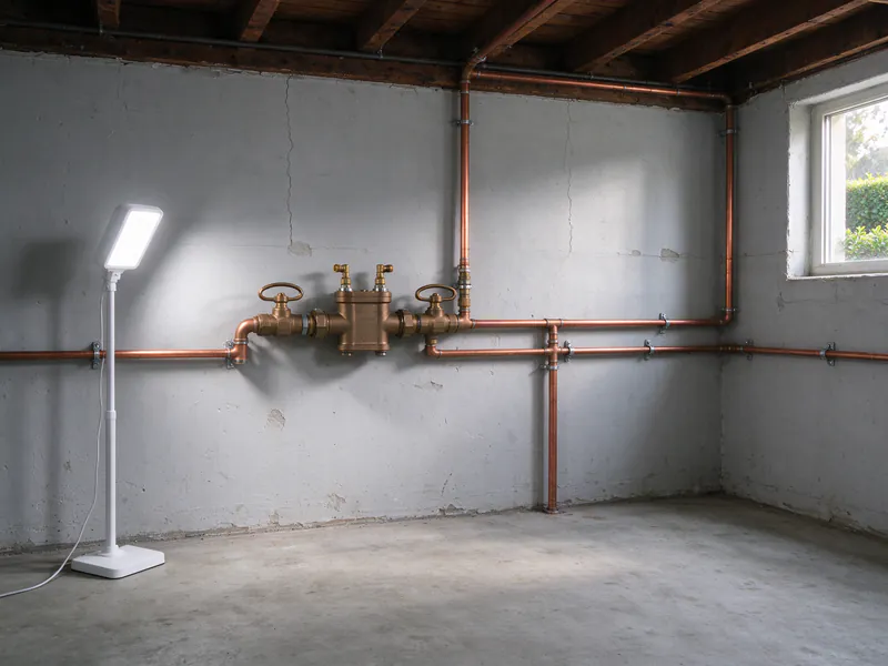 Bronze backflow preventer assembly on the copper water service in a San Francisco apartment building utility room