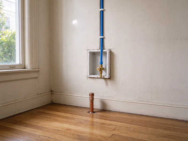 Capped old copper stub at the floor and a new blue PEX line down the wall to a washer valve box