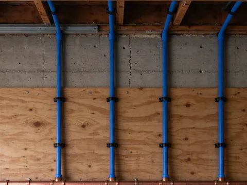 Copper manifold feeding six blue PEX lines up a plywood board on a San Francisco garage wall