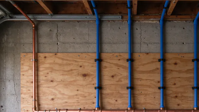 Copper manifold and new blue PEX lines on a plywood board in a garage