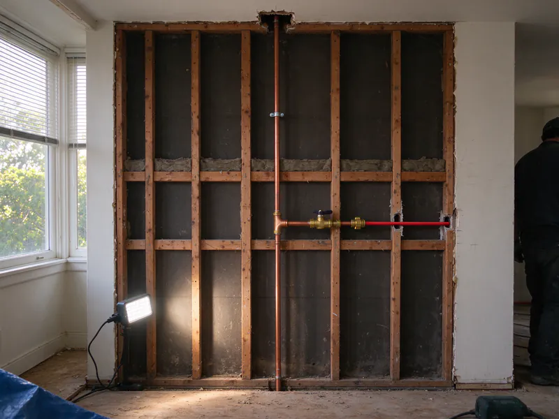 Copper riser in an opened condominium wall with a tee takeoff through a ball valve to a red PEX branch