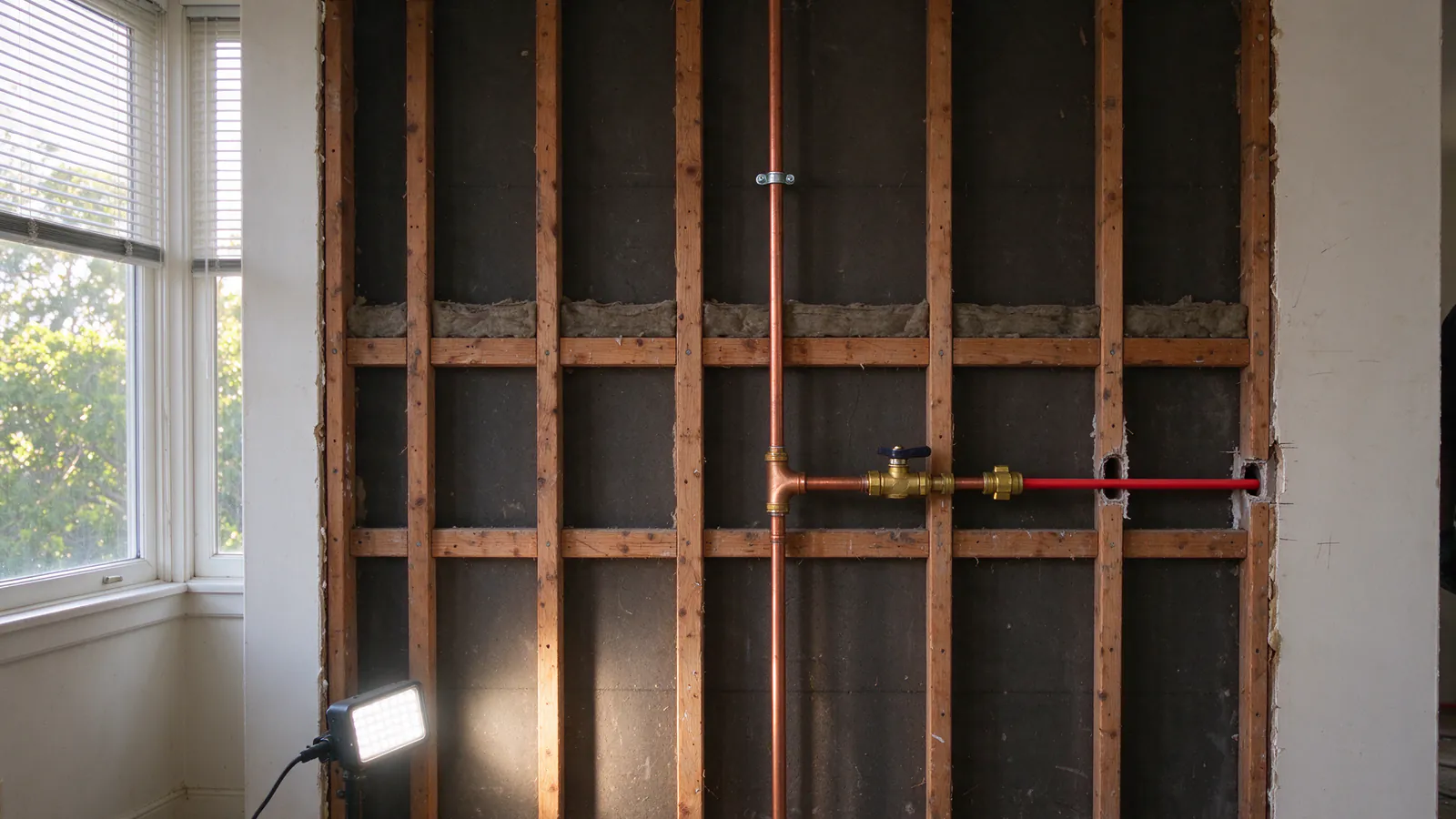 Copper riser in an opened San Francisco condominium wall with a ball valve takeoff to a red PEX branch