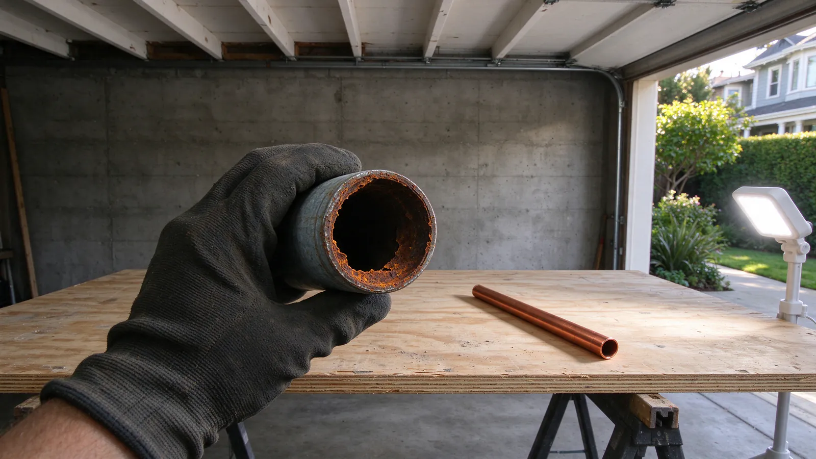 Cut section of old galvanized water pipe with its bore nearly closed by rust, held beside a new length of copper tube in a San Francisco garage