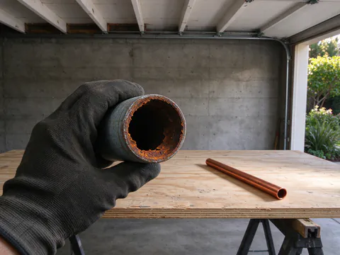 Cut section of old galvanized water pipe with its bore nearly closed by rust, held beside a new length of copper tube in a San Francisco garage