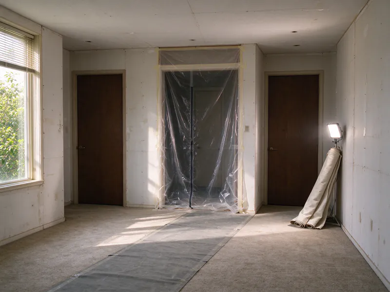 Floor runner and zippered dust sheeting across a doorway in a San Francisco condominium during a repipe