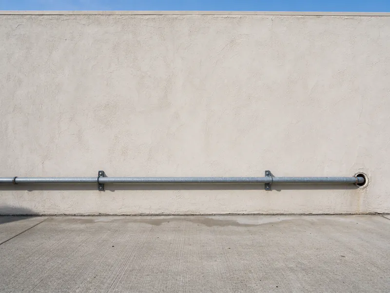 Galvanized gas pipe on wall brackets along the stucco side wall of a San Francisco house