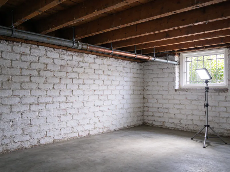 Galvanized line joined to a copper section along the joists of a whitewashed brick basement