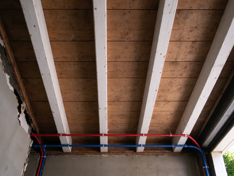 Garage ceiling opened during a remodel with new red and blue PEX lines across the joists