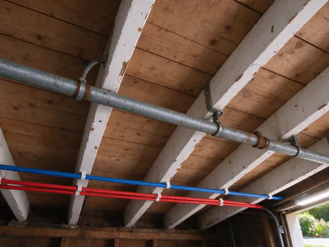 Garage ceiling of a San Francisco house with an old threaded galvanized main beside new red and blue PEX lines clipped to the joists