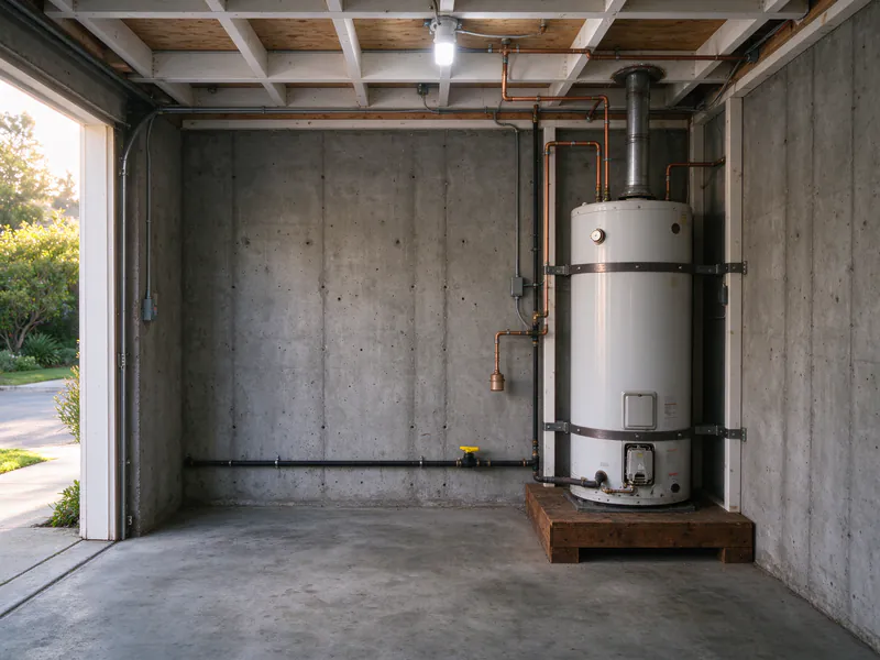 Gas water heater on a raised wood platform with seismic straps and a gas shutoff in a San Francisco garage