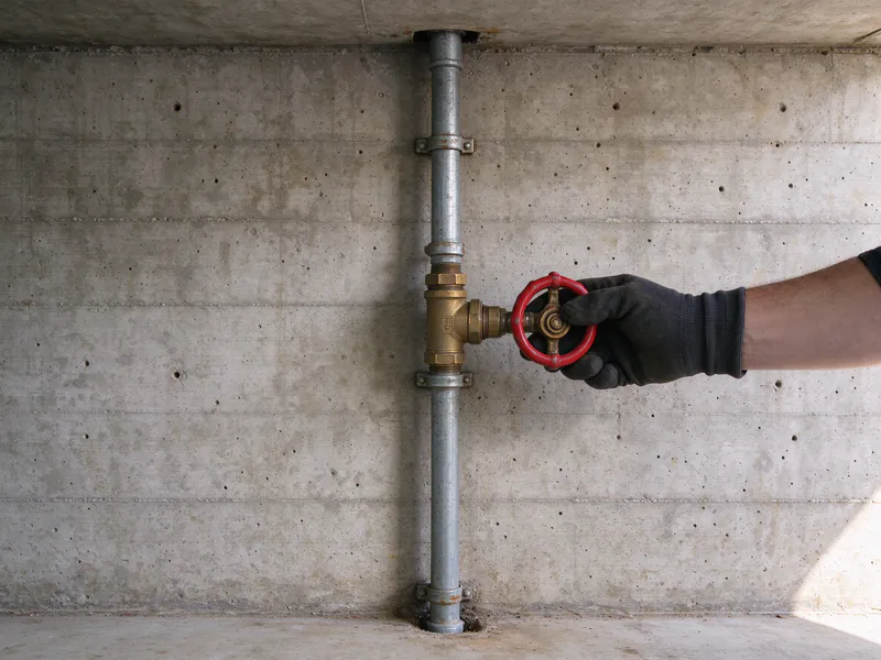 Gloved hand on the red wheel of an old gate valve on a galvanized water line along a concrete wall