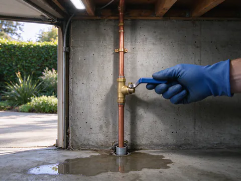 Gloved hand turning a blue-handled ball valve to close the copper water main where it rises from the floor of a San Francisco garage