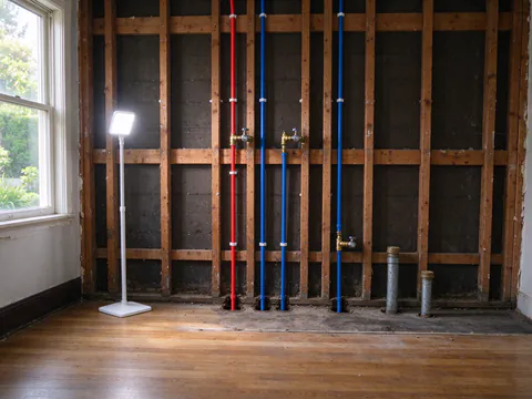 Gutted San Francisco room with bare studs, new PEX supply lines to stop valves, and old galvanized pipes capped at the floor