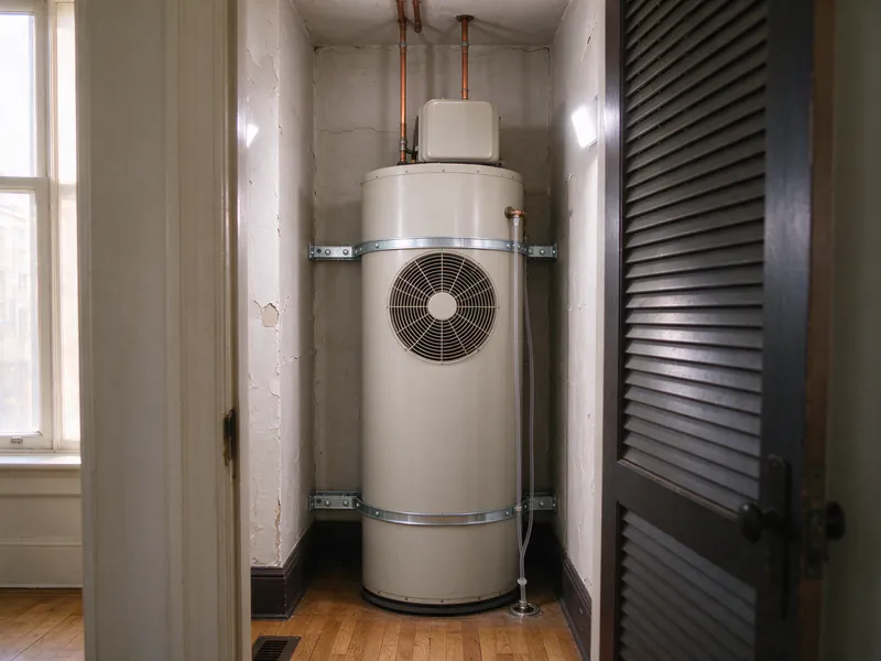 Heat pump water heater with two seismic straps and a condensate line in a utility closet of a San Francisco flat