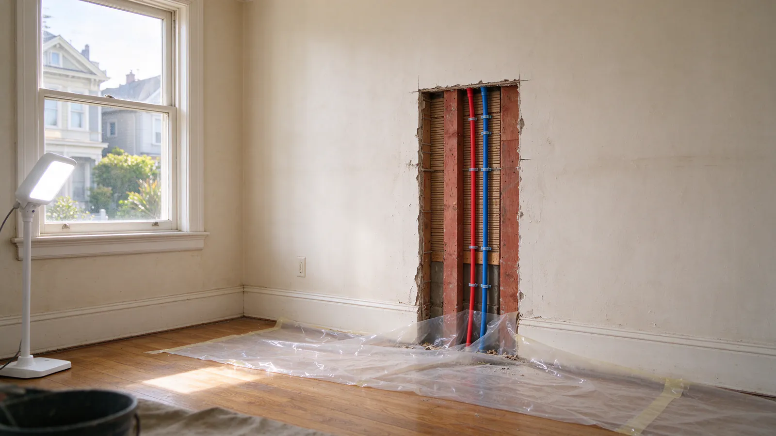 Narrow opening in an old plaster-and-lath wall of a San Francisco Victorian with new red and blue lines inside and plastic sheeting below