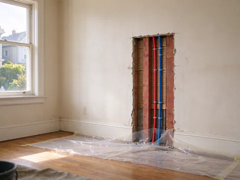 Narrow opening in an old plaster-and-lath wall of a San Francisco Victorian with new red and blue lines inside and plastic sheeting below