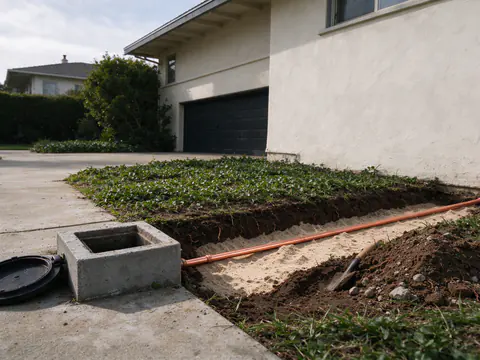 Narrow trench across a San Francisco front yard from a concrete meter box at the sidewalk to the house, with new copper water line bedded in sand