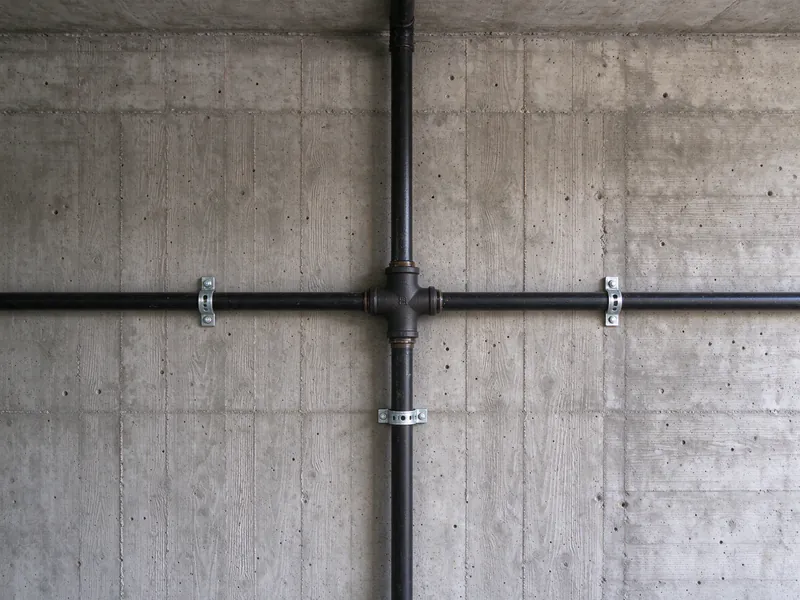 New black iron gas piping branching at a cross fitting on a San Francisco garage wall