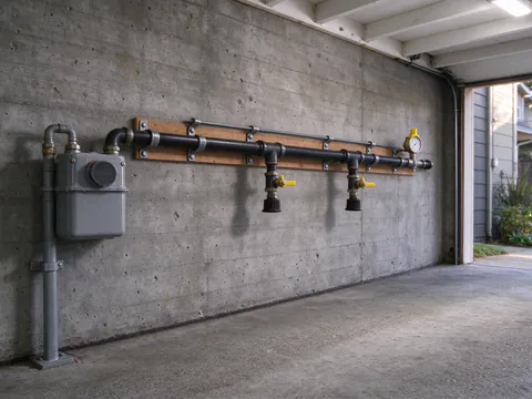 New black iron gas piping with a test gauge and capped appliance valves along a San Francisco garage wall beside the gas meter