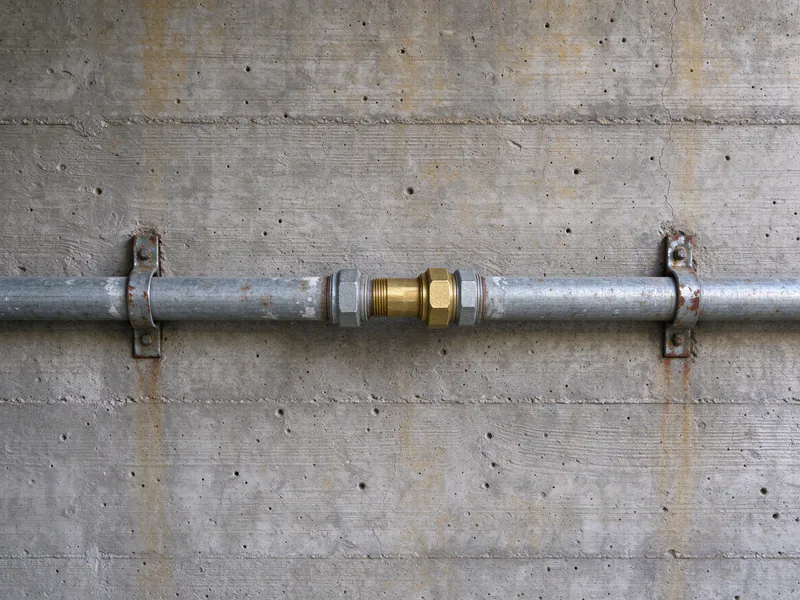 New brass nipple and union replacing a rusted joint in an old galvanized line on a concrete wall
