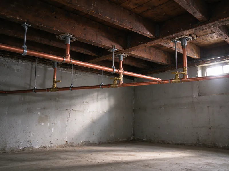 New copper mains with branch shutoff valves on rod hangers in the utility room of a San Francisco apartment building