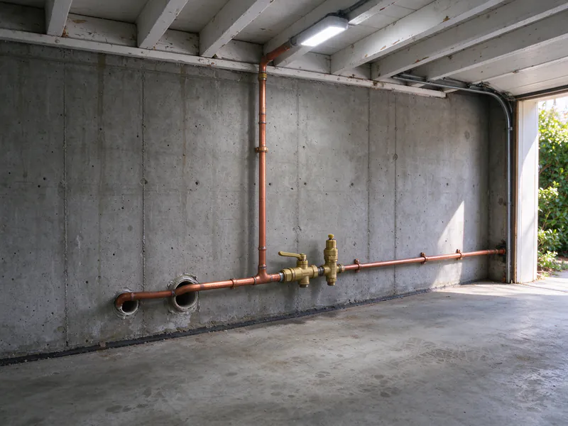 New copper service entering a San Francisco garage wall with a main ball valve and pressure reducing valve