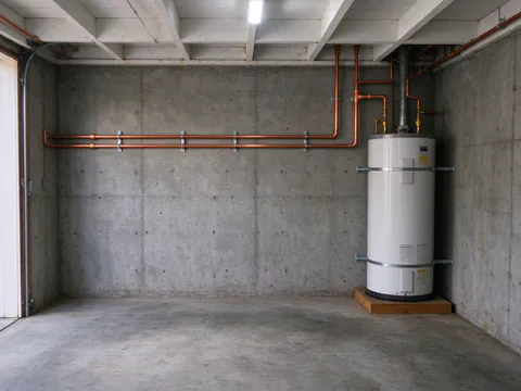 New copper supply lines on wall clamps along a San Francisco garage wall to a strapped water heater on a platform