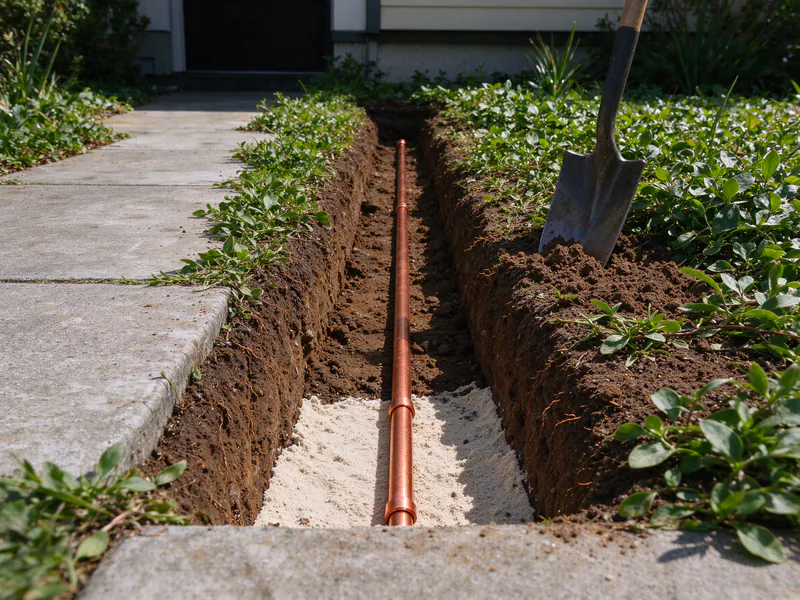 New copper water service line in sand bedding at the bottom of a narrow front-yard trench