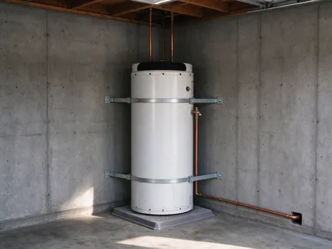 New heat pump water heater on an insulated pad in a San Francisco garage, strapped in its upper and lower thirds, with a relief line running to the outside wall