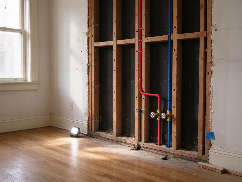 New PEX lines through bare studs to stub-outs in a gutted San Francisco kitchen