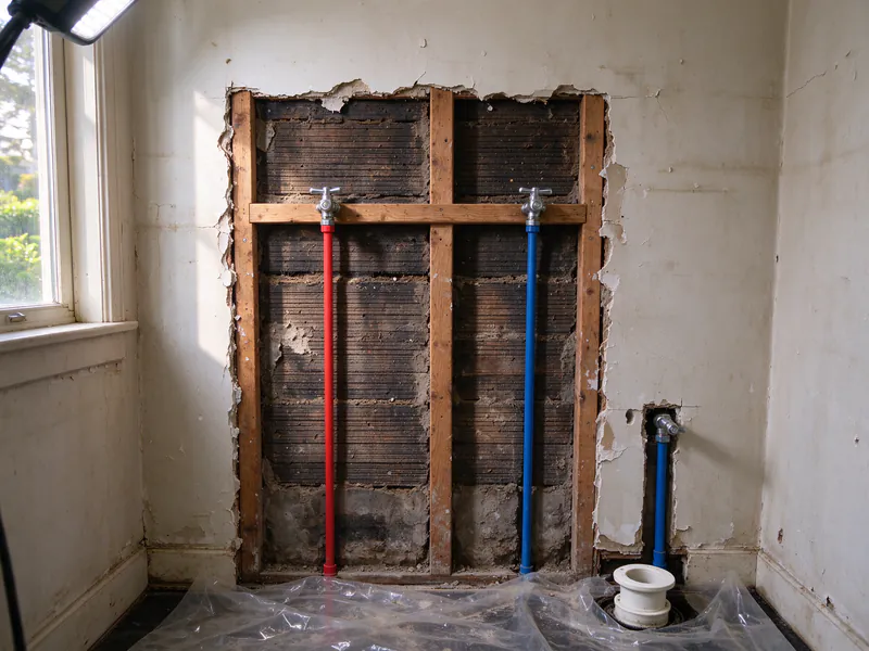 New PEX lines to stop valves for a sink and toilet in an opened bathroom wall of a San Francisco flat