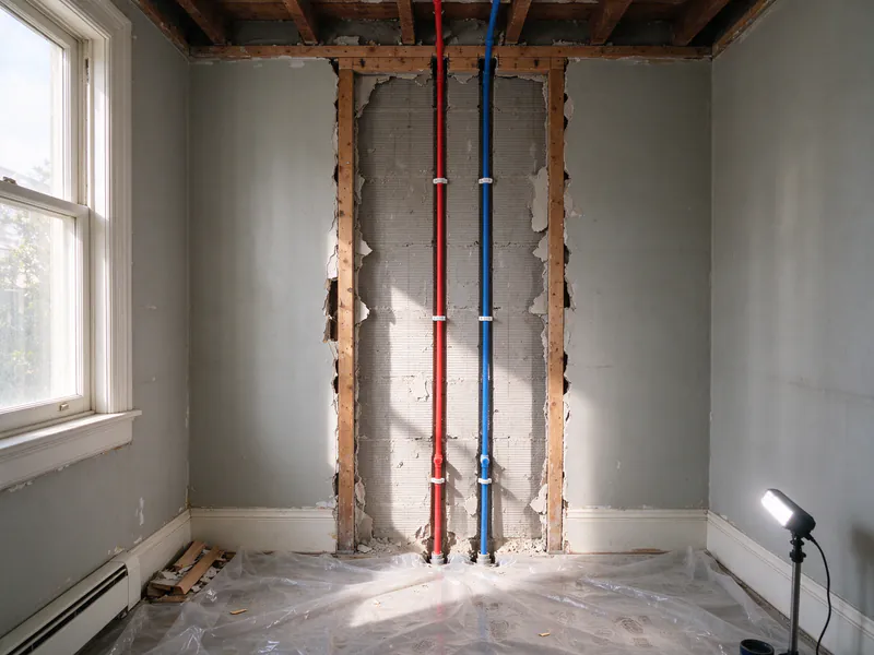 New red and blue PEX lines running up an opened wall chase in a San Francisco flat