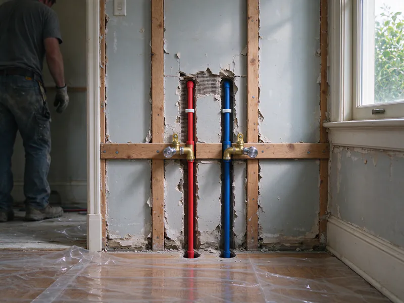 New red and blue PEX lines with stop valves on a cross-brace in an opened bathroom wall of a San Francisco flat