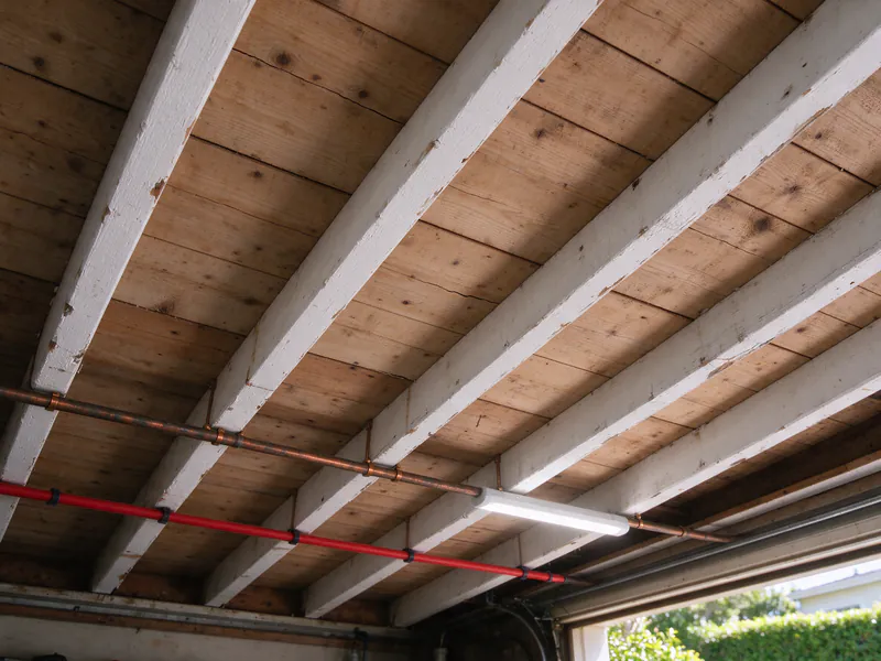 New red PEX hot line beside an older copper line across San Francisco garage joists