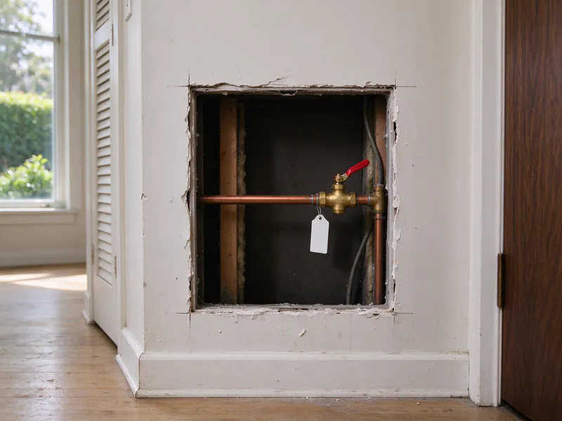 New unit shutoff ball valve with a blank tag inside an opened hallway wall of a San Francisco condominium