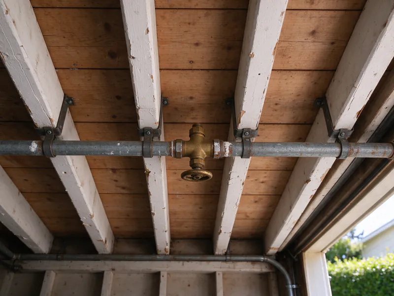 Old galvanized main with a rusted gate valve hung from garage joists before replacement