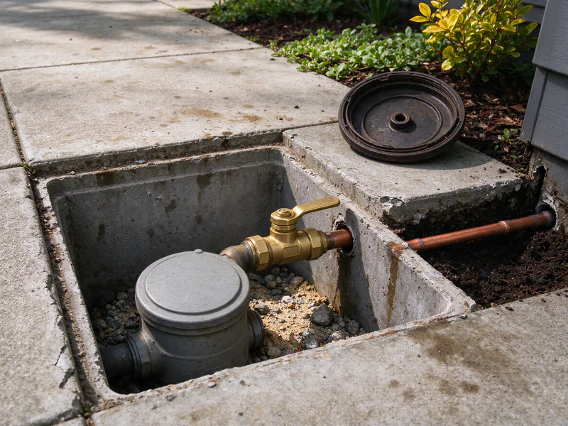 Open sidewalk meter box with a new valve and copper line leaving toward the house