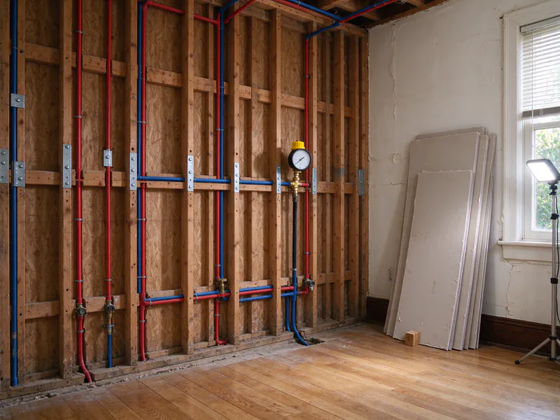 Open wall with new red and blue supply lines, nail plates and a test gauge before drywall in a San Francisco flat