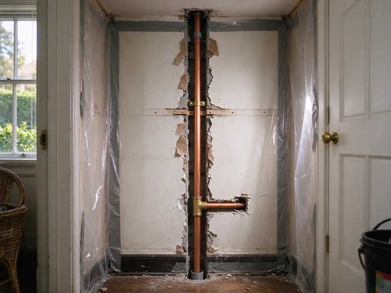 Opened chase in an apartment wall showing a new copper riser with a branch tee in a San Francisco building