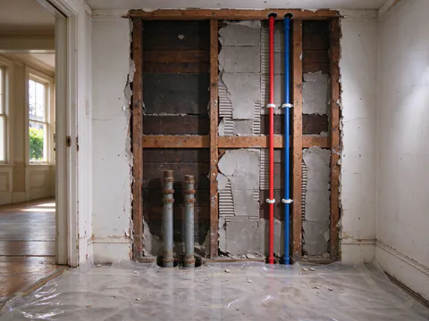 Opened closet wall in a San Francisco apartment with old capped galvanized risers beside new red and blue PEX risers climbing to the floor above