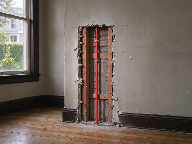 Opened lath and plaster wall with old studs and a new red PEX line in a San Francisco Victorian