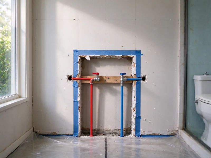 Opening behind a removed vanity with red and blue PEX lines to two shutoff valves in a San Francisco condominium bathroom
