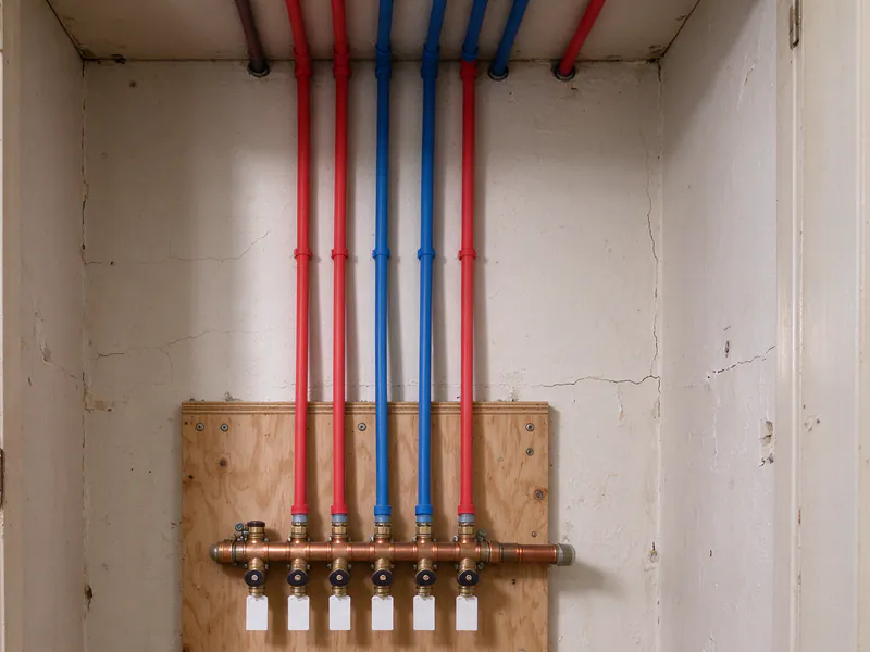 PEX manifold with red and blue lines rising from a plywood board in a hall closet of a San Francisco flat