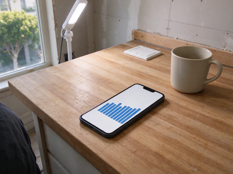 Phone showing an hourly water use bar chart on a kitchen counter