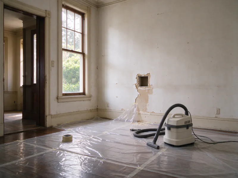 Plastic sheeting and a vacuum set up around a small wall opening in a San Francisco Victorian room