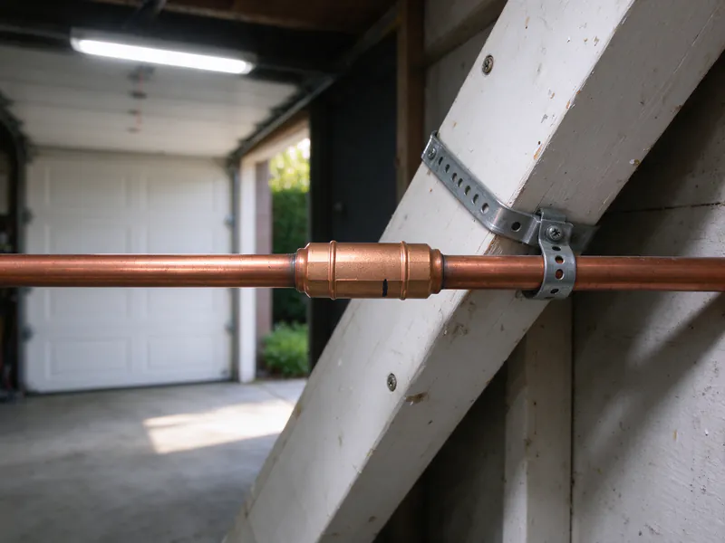 Press-fit copper coupling on a new copper water line hung from a framing member in a San Francisco garage