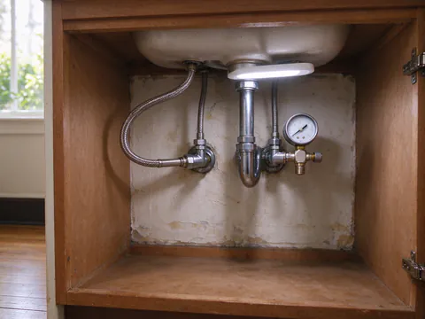 Pressure gauge on a hot water stop beside a connected cold stop under a San Francisco bathroom sink during a leak isolation test
