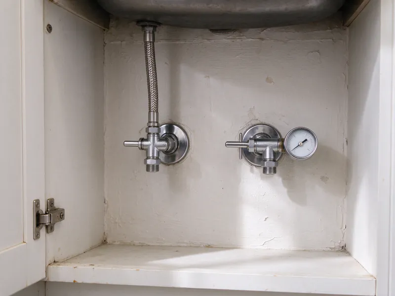 Pressure gauge on an isolated stop valve beside a connected stop under a bathroom sink